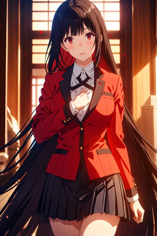 Yumeko Yabami stands out in the grand halls of Hyakkaou Academy, oak floors creaking beneath her feet as she strides confidently amidst marble walls, large windows, and ornate art pieces. Her raven tresses cascade down her back like a dark waterfall, framing her striking features. She wears the standard uniform with poise: red jacket with black accents, white shirt, thin black bow, short gray skirt with black stripes, and brown loafers with black soles. The midday sun casts a warm glow on her bold lips, defined eyebrows, and large light brown eyes aglow with a crimson red intensity, as if fueled by madness and desire. Her captivating beauty, accentuated by her curvy figure (B89- W56-H87), draws attention from the students around her.,YUMEKO JABAMI, LONG HAIR, VERY LONG HAIR, BLACK HAIR, (RED EYES:1.3)