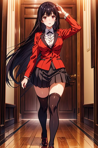 Yumeko Yabami stands out in the grand halls of Hyakkaou Academy, oak floors creaking beneath her feet as she strides confidently amidst marble walls, large windows, and ornate art pieces. Her raven tresses cascade down her back like a dark waterfall, framing her striking features. She wears the standard uniform with poise: red jacket with black accents, white shirt, thin black bow, short gray skirt with black stripes, and brown loafers with black soles. The midday sun casts a warm glow on her bold lips, defined eyebrows, and large light brown eyes aglow with a crimson red intensity, as if fueled by madness and desire. Her captivating beauty, accentuated by her curvy figure (B89- W56-H87), draws attention from the students around her.,YUMEKO JABAMI, LONG HAIR, VERY LONG HAIR, BLACK HAIR, (RED EYES:1.3)