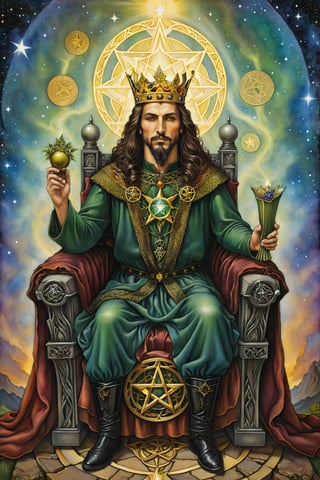 king of pentacles card of tarot:  A king sitting on his throne, holding a pentacle firmly, symbolizing financial security, material success, and management skills. artfrahm,visionary art style