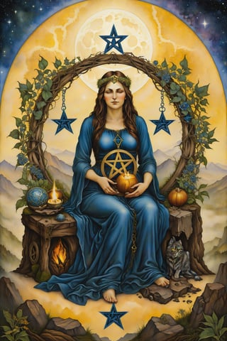 four of pentacles card of tarot: A figure seated with a pentacle in their lap and three more pentacles around them, symbolizing security, stability, and conservation of resources. artfrahm,visionary art style