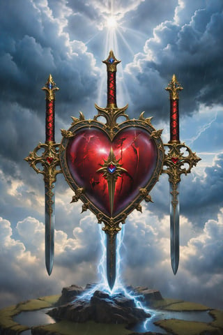 three of sword card of tarot: A heart pierced by three swords, with clouds and rain in the background, symbolizing pain and betrayal., artfrahm,visionary art style