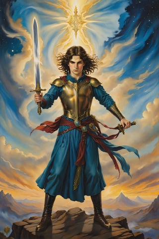 page  of sword card of tarot: A young figure holding a sword with both hands, with the wind blowing around, symbolizing curiosity and investigation. artfrahm,visionary art style