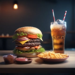 Food, juicy hamburger, on the table, looking good, soda drink and snaks next to it, 