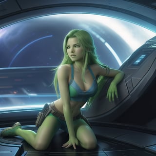 Capture a cinematic cowboy shot of a beautiful alien girl with green skin and long hair, striking a captivating pose inside a sleek spaceship. Ensure sharp focus and vibrant colors, rendered in 8K resolution, to emphasize the sci-fi setting and her ethereal beauty.