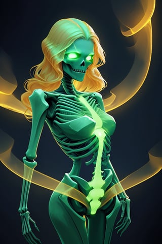 green female alien etherea, beautiful hair,glowing skeleton,glowing gold,glowwave