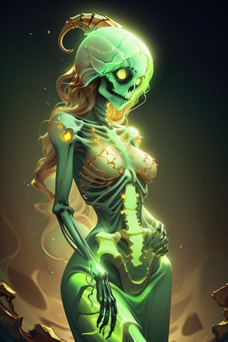 green female alien etherea, beautiful hair,glowing skeleton,glowing gold