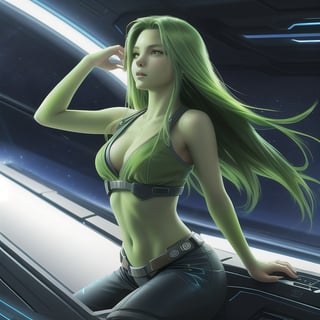 Capture a cinematic cowboy shot of a beautiful alien girl with green skin and long hair, striking a captivating pose inside a sleek spaceship. Ensure sharp focus and vibrant colors, rendered in 8K resolution, to emphasize the sci-fi setting and her ethereal beauty.