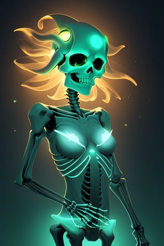 green female alien etherea, beautiful hair,glowing skeleton,glowing gold,glowwave