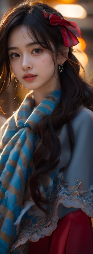 a young woman,looking at the camera, posing,ulzzang, streaming on twitch, character album cover,red moment,style of bokeh,daily wear,moody lighting,appropriate comparison of cold and warm, hair over one eye, bow on head, reality,idol,Beauty,beauty