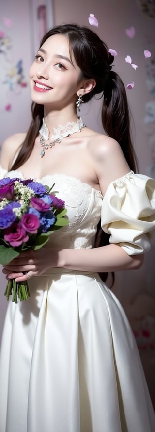 FULL BODY, black hair, twin tails, beautiful girl with great detail, beautiful and delicate eyes, detailed face, beautiful eyes, embroidery, accessories, necklace, earrings, holding purple bouquet, purple flower confetti background, reflection, evil smile, white dress, frills, detachable sleeves, frilly choker, , jewelry details, dynamic beautiful pose, dynamic pose, gothic architecture, natural light, ((realistic)) quality: 1.2), dynamic distance shot, cinematic lighting, perfect composition, super detail, official art, masterpiece, (best) quality: 1.3), reflection, high resolution CG Unity 8K wallpaper, detailed background, masterpiece, (photorealistic): 1.2), random angle, side angle,  perfect light,Beauty,Korean