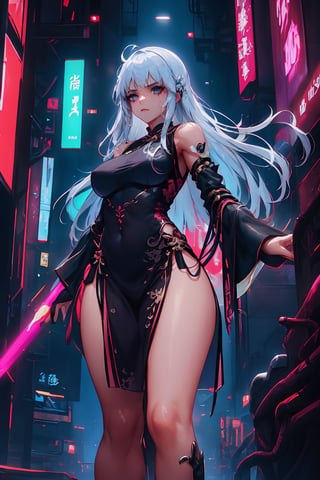 Sexy Pose , (masterpiece),(solo), 1 Japanese beauty, white hair ,  (high sexual attraction,long hair), in the dark night, (sexy Chinese Hanfu+body implants) ,(highly detailed background of ancient Indian achitechture with neon lights) ,Cyberpunk,Enhance,  Chinese fantasy art