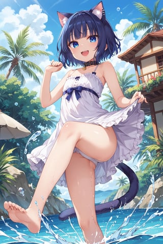 masterpiece, best quality, ultra-detailed, score_9, score_8_up, score_7_up, 
focus on face,

(one girl), shot from below, full body,

shiny dark blue hair, shiny dark blue cat ears ,  short bob hair, dark blue medium hair, shiny dark blue hairs ,blue eyes,

, kannakamui, emo, Claudia, , (((flat chest))), No public hair, extremely pretty face, beautiful face, ultra-detaild face, cute and round face, ultra-detailed eyes, round eyes, rubby eyes, droopy eyes , 

beautiful and delicate and ultra-detailed finger, 

(((very young Petite girl))), skinny,

((nekomimi)),Cat ears the same color as her hair, cat collar,

summer, in the lakeside beach, outdoor, resort,
 in  the see ,on shallow water, hands to skirt lift, hands to skirt hold ,((kicking at viewer)),
 ,(Splashing water from ankle),
((water drops on legs)),

all white Summer-like camisole dress , colored lace line ribbon, lots of lace, shyness, smile, happy, small open mouth,

cat tail,
