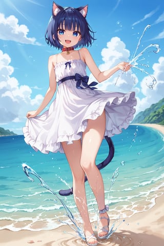 masterpiece, best quality, ultra-detailed, score_9, score_8_up, score_7_up, 
focus on face,

(one girl), shot from below, full body,

shiny dark blue hair, shiny dark blue cat ears ,  short bob hair, dark blue medium hair, shiny dark blue hairs ,blue eyes,

, kannakamui, emo, Claudia, , (((flat chest))), No public hair, extremely pretty face, beautiful face, ultra-detaild face, cute and round face, ultra-detailed eyes, round eyes, rubby eyes, droopy eyes , 

beautiful and delicate and ultra-detailed finger, 

(((very young Petite girl))), skinny,

((nekomimi)),Cat ears the same color as her hair, cat collar,

summer, in the lakeside beach, outdoor, resort,
 in  the see ,on shallow water, hands to skirt lift, hands to skirt hold ,((kicking to viewer)),
 ,(Splashing water from ankle),
((water drops on legs)),

all white Summer-like camisole dress , colored lace line ribbon, lots of lace, shyness, smile, happy, small open mouth,

cat tail,
