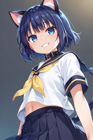 masterpiece, best quality, ultra-detailed, score_9, score_8_up, score_7_up, focus on face, (one girl), solo, shiny dark blue hair, shiny dark blue cat ears , short bob hair, dark blue medium hair, shiny dark blue hairs ,blue eyes, , kannakamui, emo, Claudia, , (((flat chest))), No public hair, extremely pretty face, beautiful face, ultra-detaild face, cute and round face, ultra-detailed eyes, round eyes, rubby eyes, droopy eyes, beautiful and delicate and ultra-detailed finger, (((very young Petite girl))), skinny, ((cat ears)),Cat ears the same color as her hair, cat collar, cat tail, 


hands free,(((single yellow line on 
 white school uniform))) , black skirt, yellow ribbon tie , 

in the dark room,

  shyness, smile, happy, look at viewer, shot from below, ,mirham,angeldust_style,scenery, kizaki school uniform