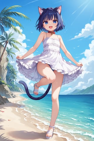 masterpiece, best quality, ultra-detailed, score_9, score_8_up, score_7_up, 
focus on face,

(one girl), shot from below, full body,

shiny dark blue hair, shiny dark blue cat ears ,  short bob hair, dark blue medium hair, shiny dark blue hairs ,blue eyes,

, kannakamui, emo, Claudia, , (((flat chest))), No public hair, extremely pretty face, beautiful face, ultra-detaild face, cute and round face, ultra-detailed eyes, round eyes, rubby eyes, droopy eyes , 

beautiful and delicate and ultra-detailed finger, 

(((very young Petite girl))), skinny,

((nekomimi)),Cat ears the same color as her hair, cat collar,

summer, in the lakeside beach, outdoor, resort,
 in  the see ,on shallow water, hands to skirt lift, kicking shallow water,

white Summer-like camisole dress , colored lace line ribbon, lots of lace, shyness, smile, happy, small open mouth,

cat tail,
