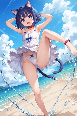 masterpiece, best quality, ultra-detailed, score_9, score_8_up, score_7_up, 
focus on face,

(one girl), shot from below, full body,

shiny dark blue hair, shiny dark blue cat ears ,  short bob hair, dark blue medium hair, shiny dark blue hairs ,blue eyes,

, kannakamui, emo, Claudia, , (((flat chest))), No public hair, extremely pretty face, beautiful face, ultra-detaild face, cute and round face, ultra-detailed eyes, round eyes, rubby eyes, droopy eyes , 

beautiful and delicate and ultra-detailed finger, 

(((very young Petite girl))), skinny,

((nekomimi)),Cat ears the same color as her hair, cat collar,

summer, in the lakeside beach, outdoor, resort,
 in  the see ,on shallow water, hands to white skirt lift, hands to white skirt hold ,((kick up water)),
 ,(Splashing water from ankle),
((water drops on legs)),

all white Summer-like camisole dress , colored lace line ribbon, lots of lace, shyness, smile, happy, small open mouth,

cat tail,
