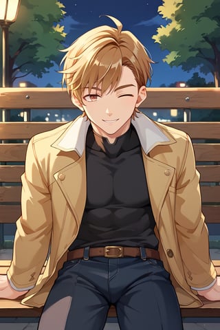 score_9, score_8_up, score_7_up, score_6_up, score_5_up, score_4_up, source_anime, luke_pearce , BREAK, 1boy, ,male focus, blonde hair, hazel eyes, one eye closed,looking at viewer, close up, smile,,  , park, sitting on bench ,brown hair, night, bodysuit, no coat,