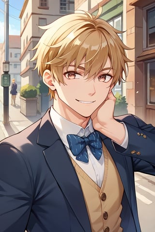 score_9, score_8_up, score_7_up, score_6_up, score_5_up, score_4_up, source_anime, luke_pearce , BREAK, 1boy, ,male focus, blonde hair, hazel eyes, looking at viewer, smile,,   ,brown hair, short hair, street, white_blazer