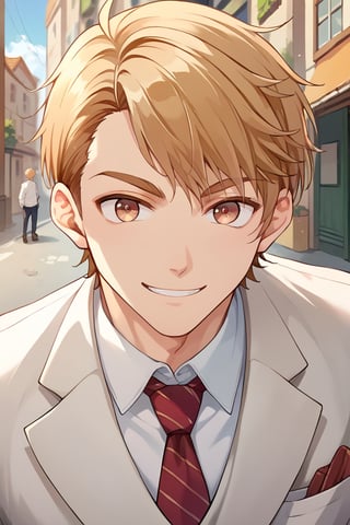 score_9, score_8_up, score_7_up, score_6_up, score_5_up, score_4_up, source_anime, luke_pearce , BREAK, 1boy, ,male focus, blonde hair, hazel eyes, looking at viewer, smile,,   ,brown hair, short hair, street, white_suit