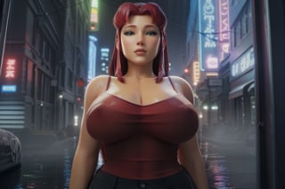 sscore_9, score_8_up, score_7_up, high quality, standing, line art, 3d style, (((upper body))), large breats, (red camisole:1.2), (black pants:1.2), wet clothes, (((massive woman))), look viewer, long hair, red hair, city rain, perfect anatomy, starfire