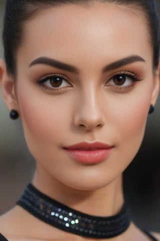 a sensual 35 years old girl A close-up shot of an Eastern European sportswoman wearing sheer lycra attire, her dark locks tied into a sleek bun. A cascade of long earrings adorns her neck as she gazes directly at the camera, exuding confidence and poise. The framing highlights her toned physique, with a shallow depth-of-field emphasizing the sparkling jewelry.