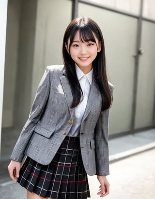 1girl, solo,(Best quality:1.0),(masterpiece:1.0),photorealism,cowboy shot,(black hair:1.1), (black eyes),long hair,(medium breasts:1.1),slender,BREAK(japanese:1.2),plaid skirt,plaid blazer,school uniform,light smile,teen