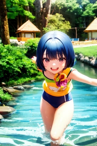 Mesugaki,10 years old,smiling face, short sleeve clothes,summer,and Attack is Tease with a bewitching smile,small river,school swimwear,Nature,double teeth,