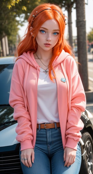 A young girl with long, vibrant orange hair and piercing blue eyes sits atop a sleek ground vehicle, her upper body framed by the opened hood. A delicate hair ornament and sparkling jewelry adorn her features as she wears a pink hoodie and multicolored outfit. Her parted lips are slightly puckered, and freckles scatter across her cheeks. In the blurred background, a bag and backpack sit idle, while the subject's eyes shine bright with a subtle intensity.