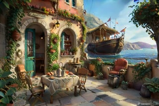 ((ultra ARTISTIC sketch)), (artistic sketch art) a magical Evening A MAGICAL GREEK BAKERY SHOP TERRACE Shabby chic, romantic, cozy, warm MAGICAL beach BEHIND. Cushions, blankets lovely garden in front, vine on the walls, morning light, There is a boat, there is a dog, beautiful terrace, Garden outside bakery, There are bread and coffee pot on the table, brilliant SUNSET EVENING NIGHTFALL magical TWILIGHT light, afternoon light, afternoon sun, garden environment, cozy place, lush flowers outdoors , afternoon light, ivy, bonsai, There are bread and coffee pot on the table, stool, Intricate and detailed atmospheric refractive lighting of Unreal Engine 5 movie concept photography masterpiece Octane renders trends on CGSocietybest realistic, best details, best quality, 16k, [ ultra detailed], masterpiece, best quality, (extremely detailed), ultra wide shot, photorealism, depth of field, hyper realistic painting, 3d rendering mysterious, Breathtaking VieW, Jean-Baptiste Monge, Kukharskiy Igor, Thomas wells schaller style, magical scenery , Nazar Noschenko Modifiers: dof trending on cgsociety fantastic view ultra detailed 4K 3D whimsical Storybook beautifully lit etheral Quirky Exquisite highly intricate stunning color depth outstanding cute illustration cuteaesthetic shadow play The mood is Mysterious and Spellbinding, with a sense of otherworldliness, macro photography style LEONARDO DIFFUSION XL STYLE