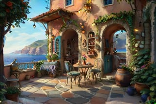 ((ultra ARTISTIC sketch)), (artistic sketch art) a magical Evening A MAGICAL GREEK BAKERY SHOP TERRACE Shabby chic, romantic, cozy, warm MAGICAL beach BEHIND. Cushions, blankets lovely garden in front, vine on the walls, morning light, beautiful terrace, Garden outside bakery,There are bread and coffee pot on the table,brilliant SUNSET EVENING NIGHTFALL magical TWILIGHT light, afternoon light, afternoon sun, garden environment, cozy place, lush flowers outdoors, afternoon light, ivy, bonsai, table, stool, Intricate and detailed atmospheric refractive lighting of Unreal Engine 5 movie concept photography masterpiece Octane renders trends on CGSocietybest realistic, best details, best quality, 16k, [ultra detailed], masterpiece, best quality, (extremely detailed), ultra wide shot, photorealism, depth of field, hyper realistic painting, 3d rendering mysterious, Breathtaking VieW, Jean-Baptiste Monge, Kukharskiy Igor, Thomas wells schaller style, magical scenery, Nazar Noschenko Modifiers: dof trending on cgsociety fantastic view ultra detailed 4K 3D whimsical Storybook beautifully lit etheral Quirky Exquisite highly intricate stunning color depth outstanding cute illustration cuteaesthetic shadow play The mood is Mysterious and Spellbinding, with a sense of otherworldliness, macro photography style LEONARDO DIFFUSION XL STYLE