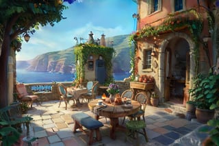 ((ultra ARTISTIC sketch)), (artistic sketch art) a magical Evening A MAGICAL GREEK BAKERY SHOP TERRACE Shabby chic, romantic, cozy, warm MAGICAL beach BEHIND. Cushions, blankets lovely garden in front, vine on the walls, morning light, beautiful terrace, Garden outside bakery,There are bread and coffee pot on the table,brilliant SUNSET EVENING NIGHTFALL magical TWILIGHT light, afternoon light, afternoon sun, garden environment, cozy place, lush flowers outdoors, afternoon light, ivy, bonsai, table, stool, Intricate and detailed atmospheric refractive lighting of Unreal Engine 5 movie concept photography masterpiece Octane renders trends on CGSocietybest realistic, best details, best quality, 16k, [ultra detailed], masterpiece, best quality, (extremely detailed), ultra wide shot, photorealism, depth of field, hyper realistic painting, 3d rendering mysterious, Breathtaking VieW, Jean-Baptiste Monge, Kukharskiy Igor, Thomas wells schaller style, magical scenery, Nazar Noschenko Modifiers: dof trending on cgsociety fantastic view ultra detailed 4K 3D whimsical Storybook beautifully lit etheral Quirky Exquisite highly intricate stunning color depth outstanding cute illustration cuteaesthetic shadow play The mood is Mysterious and Spellbinding, with a sense of otherworldliness, macro photography style LEONARDO DIFFUSION XL STYLE