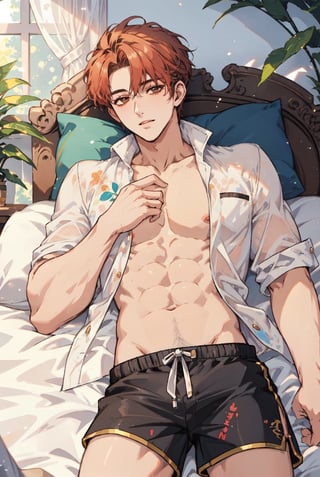 minimalist style, three-dimensional character design, a handsome and charming 25-year-old  man, bare-chested ,wearing fitted painted shorts, lazily lying on his side in bed, daydreaming, bright lighting, good atmosphere, UHD