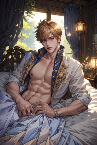 (masterpiece), best quality, high resolution, extremely detailed, detailed background, dynamic lighting, realistic, photorealistic, Prince, one man, just woke up look, handsome, sexy,lying in bed,1boy