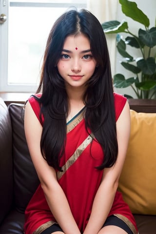 beautiful cute young attractive indian teenage girl, village girl, 18 years old, cute, Instagram model, long black_hair, colorful hair, warm, dacing, in home sit at sofa, indian