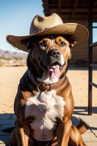 A charming Perro Boxer sits proudly, donning a stylish sombrero and a dapper gabardina coat. Framed against a warm, sunny backdrop, the dog's vibrant fur shines with a golden glow. The sombrero's wide brim casts a shadow over the Perro's bright eyes, while the gabardina coat adds a touch of sophistication to its rugged features. A playful pose and wagging tail complete this delightful scene.,boxer dog