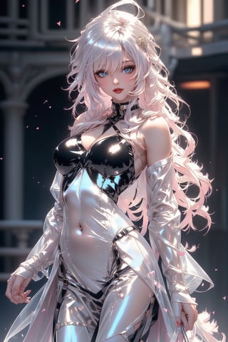 Dark aesthetic (translucent polycarbonate costume), impressive unreal engine rendering, intricate details (Gorgeous girl with Her face has an oval shape, soft and symmetrical, giving her a youthful and serene appearance

Her eyes are large and light pink, with a look that denotes calm and wisdom.

The girl's eyelashes are long and dark, curled naturally, adding depth and expression to her eyes.

She has thin and perfectly outlined eyebrows, arched in a light gray tone that highlights the structure of her face.

With a small and straight nose, with a subtle bridge that integrates harmoniously with the rest of her facial features.

Mouth Small and well defined, with soft and slightly pink lips. 

Her upper lip is slightly thinner than her lower lip, and the corners of her lip tend to curl into a slight, natural smile.

Clear skin, almost porcelain, with a smooth texture and no visible imperfections, giving it an ethereal and cared for appearance.

Her hair is a soft, shiny, silvery gray that catches the light charmingly.

Her hair is long, reaching the middle of her back. Although most of her hair is combed to the side, a sizable section falls freely, adding volume and movement.

She wears an asymmetrical hairstyle with one side of her hair tied up and pinned, while the other side falls freely over her shoulder. This hairstyle gives her a modern and daring look, highlighting her strong and determined character. The gathered side is precisely pinned, showing meticulous care in its presentation.

Her hair has a soft and silky texture, with loose strands that add a touch of dynamism and naturalness. The locks that frame her face are slightly wavy, creating a lovely contrast with the rest of her straight hair.

She wears clean, slightly messy bangs, which fall subtly over her forehead. These bangs give her a youthful and natural look, softening her features and adding a touch of freshness to her appearance.

Her body is slender and well proportioned, with a figure that denotes grace and elegance.

She is of average height, with an upright and confident posture that projects confidence.

Their skin is clear and uniform, without visible marks or imperfections, maintaining a healthy and cared for appearance.

Her breasts are large, with a rounded and natural shape, highlighting her femininity.

She has a flat and toned abdomen, showing a dedication to self-care and a well-groomed figure.

She possesses a slim, well-defined waist, accentuating an hourglass-shaped silhouette that is both attractive and elegant.

Her hips are soft and proportionate to the rest of her body, contributing to the harmony of her figure.

Her buttocks are firm, large and naturally rounded.

Her thighs and legs are long and slender, with a toned and elegant appearance, showing subtle musculature that highlights her femininity and grace.

She is wearing a tight, sleeveless black top that highlights her slim and toned figure. This top has a sweetheart neckline that accentuates her bust in a subtle but prominent way. The fabric of the top is made of an elastic and shiny material, which adapts perfectly to her body, highlighting her flat and toned abdomen. The edges of the top are finely edged, adding a touch of sophistication to the design.

Black urban style pants, tight at the hips and thighs but looser towards the ankles. The pants feature an innovative design with multiple ribbon details and decorative straps in a criss-cross pattern. These ribbons are made of a durable and shiny material, creating an interesting contrast with the matte fabric of the pants. The metallic decorations on the straps add a futuristic and elegant touch to the ensemble. The pants also feature deep, functional pockets, perfectly integrated into the design without compromising aesthetics.

A long white coat that reaches the ankles, with wide, open sleeves that give it a dramatic and elegant air. The coat has an asymmetrical design on the front, with an opening that allows the top and pants underneath to be seen. The collar of the coat is high and structured, providing an imposing and sophisticated look. The edges of the coat are finely finished with a silver thread that shines softly under the light.

White platform boots with black details. The boots are mid-calf high and made of a durable, shiny material. The black laces contrast with the white of the boots, and the platform sole adds height and presence to her figure. The boots also have small metallic details that complement the decorations on the pants, creating cohesion throughout the ensemble.), oil painting