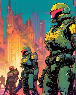 In a dystopian cyberpunk future, a mesmerizing propaganda poster beckons viewers to enlist in the military. Combining the gritty art style of Frank Frazetta with the futuristic flair of Moebius, the image features a cybernetically enhanced soldiers, clad in sleek, reflective armor and wielding cutting-edge weapons. The intricate detailing, vivid colors, and dynamic composition elevate this digital painting to a level of unparalleled artistry, capturing the essence of a war-torn, technologically advanced world with stunning precision., cyberpunk art, auto-destructive art, soldiers and mech fight, berserk art style, image comics, metal gear movie still