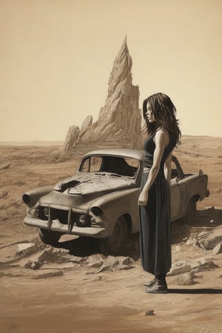 
Solo, 1 girl, standing, outdoors, from behind, scenery, machine gun, ruins, skull cave, whirlwind, whirlwind, dust, flying vines, dried up waterway, broken down car,