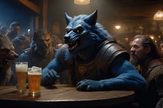 wide shot, best quality, masterpiece, photorealistic, natural skin texture, realistic eye and face details, beautiful shadow, hyperrealism, A lunar pub, where  werewolf patrons howl at the moon while sipping on frothy glasses of blue drink and feasting on juicy, highly detailed, hyper realistic fantasy monster, cyborg style,Leonardo Style,HellAI