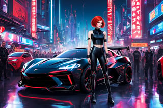 A young woman with short red hair, 21yo, standing next to a vibrant black sports car. She is wearing a futuristic, dark outfit with white accents and a red emblem on her left arm. The backdrop is a bustling urban setting with neon signs, various vehicles, and a dense crowd of people. The atmosphere seems to be that of a cyberpunk city, with a mix of traditional and futuristic elements.