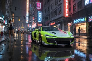 (((1girl))),city,cyberpunk,(streetscape:1.1),(neons:1.2),ray tracing,street,night view,high reflection,YANGWANG U9,,masterpiece,clouded over,hdr,sports car,car,(rain:1.1),rainy days,