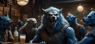 wide shot, best quality, masterpiece, photorealistic, natural skin texture, realistic eye and face details, beautiful shadow, hyperrealism, A lunar pub, where white werewolf patrons howl at the moon while sipping on frothy glasses of blue drink and feasting on juicy, highly detailed, hyper realistic fantasy monster, cyborg style,Leonardo Style,HellAI