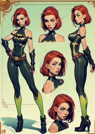 The concept character sheet of a strong, attractive, and resolute Batgirl, Her studded leather armor is worn but well-maintained, decorated with sacred symbols  and faith relics. Full body,  Full of details, frontal body view, back body view, Highly detailed, Depth, Many parts,((Masterpiece, Highest quality)), 8k, Detailed face (sleek shoulder cut hair) (red hair) (green eyes), Infographic drawing. Multiple sexy poses. 3d,SAM YANG,incase