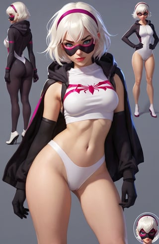 More Detail, Detailedeyes, Detailedface, (1 girl, young female, white hair, short hair, blue eyes, curvy, 
 small breasts, nice ass, thick thighs, wide hips, abs), (spider-gwen suit, face mask, hoodie, hairband), BREAK (Infographic drawing, The concept character sheet, Multiple sexy poses), 