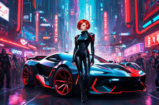 A young woman with short red hair, 21yo, standing next to a vibrant black sports car. She is wearing a futuristic, dark outfit with white accents and a red emblem on her left arm. The backdrop is a bustling urban setting with neon signs, various vehicles, and a dense crowd of people. The atmosphere seems to be that of a cyberpunk city, with a mix of traditional and futuristic elements.