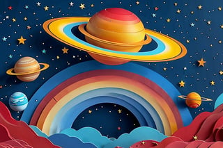 A vibrant cosmic scene. At the center, there's a large, layered planet with blue stripes, surrounded by a ring. Above the planet, the vast expanse of space is dotted with numerous stars. Below the planet, a multi-layered, colorful rainbow arches gracefully, with clouds of varying shades of blue at its base. The overall color palette is rich, with deep blues, bright yellows, and radiant reds dominating the scene.