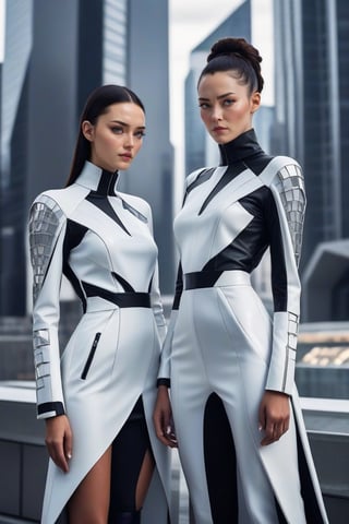 A captivating image of futuristic fashion, featuring models in sleek, high-tech outfits made from innovative materials. The designs should be bold and avant-garde, geometric patterns. The backdrop is a futuristic cityscape with dvanced technology, creating a vision of fashion in the future