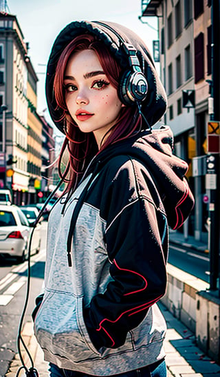 A beautiful italian girl, with red hair,headphones catstyle, a beautiful face. sweather with hood, against the background of Detroid City, cowboy_shot