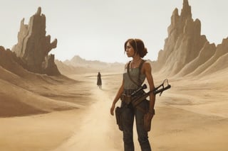 Solo, 1 girl, standing, outdoors, from behind, scenery, machine gun, ruins, skull cave, whirlwind, whirlwind, dust, flying vines, dried up waterway, sand dunes