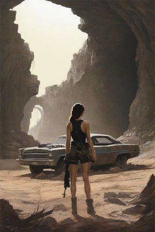 
Solo, 1 girl, standing, outdoors, from behind, scenery, machine gun, ruins, skull cave, whirlwind, whirlwind, dust, flying vines, dried up waterway, broken down car,